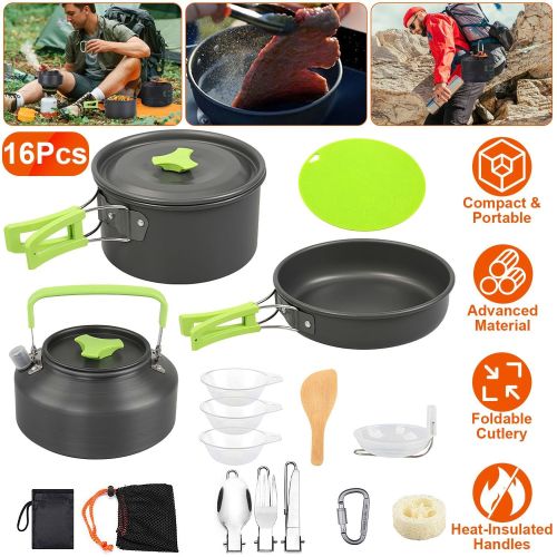 Camping Cooking Ware Set of 16Pcs Camping Stove Cookware Kit Aluminum Kettle with Bowls Knife Fork Spoon Carabiner Spatula Cutting Board for Hiki Camping Cooking Ware Set of 16Pcs Camping Stove Cookware Kit Aluminum Kettle with Bowls Knife Fork Spoon Carabiner Spatula Cutting Board for Hiki